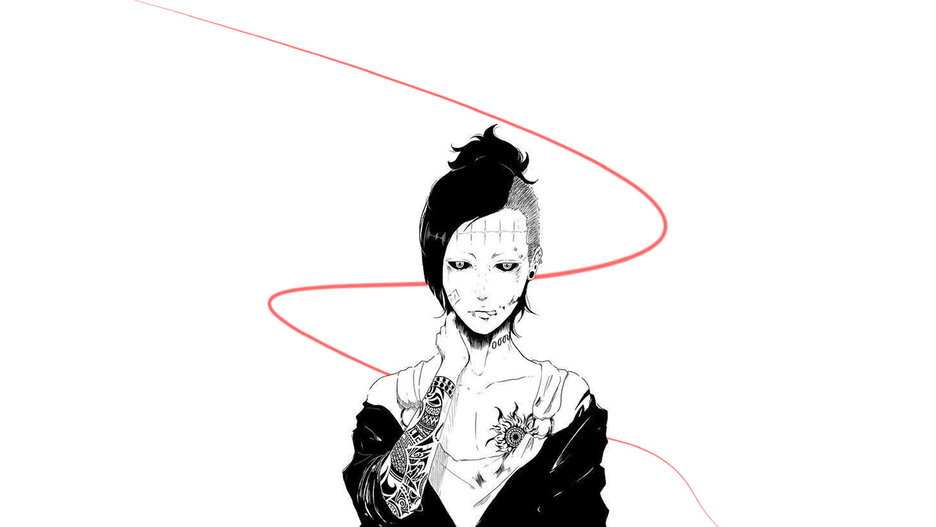 Tokyo Ghoul Uta 桌布 壁紙 — 一個風格化的動漫角色，帶有刺青和一條紅色旋轉線條，背景為純白色。