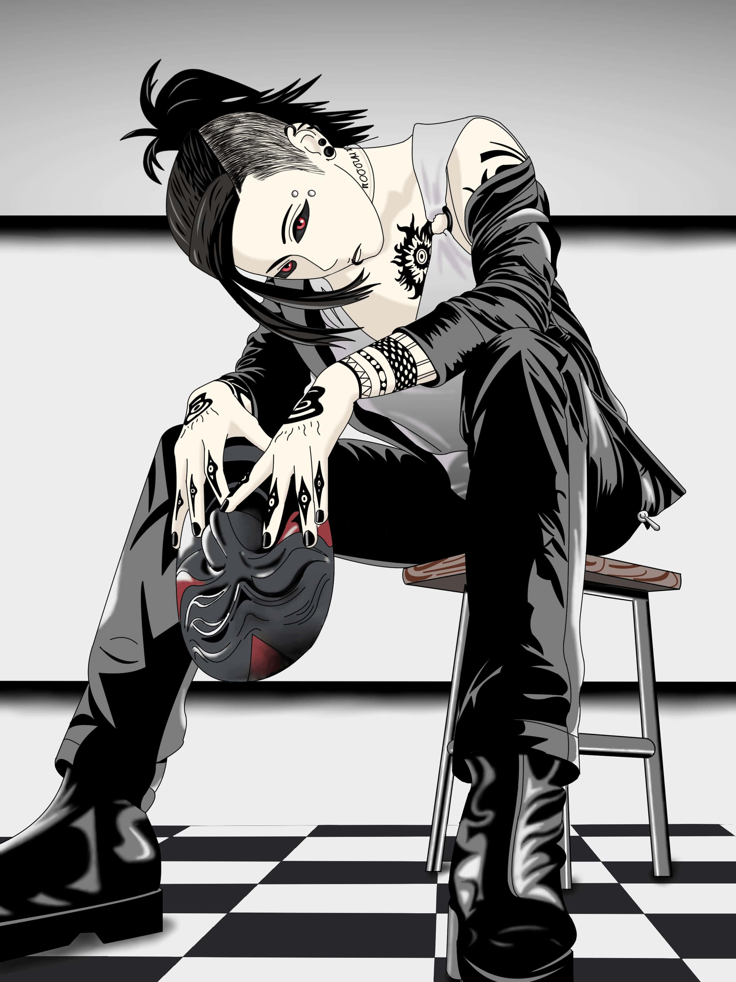 Tokyo Ghoul Uta 桌布 壁紙 — 一個風格化的動漫角色，帶有刺青和紅色眼睛，坐在凳子上，在方格地板上拿著面具。
