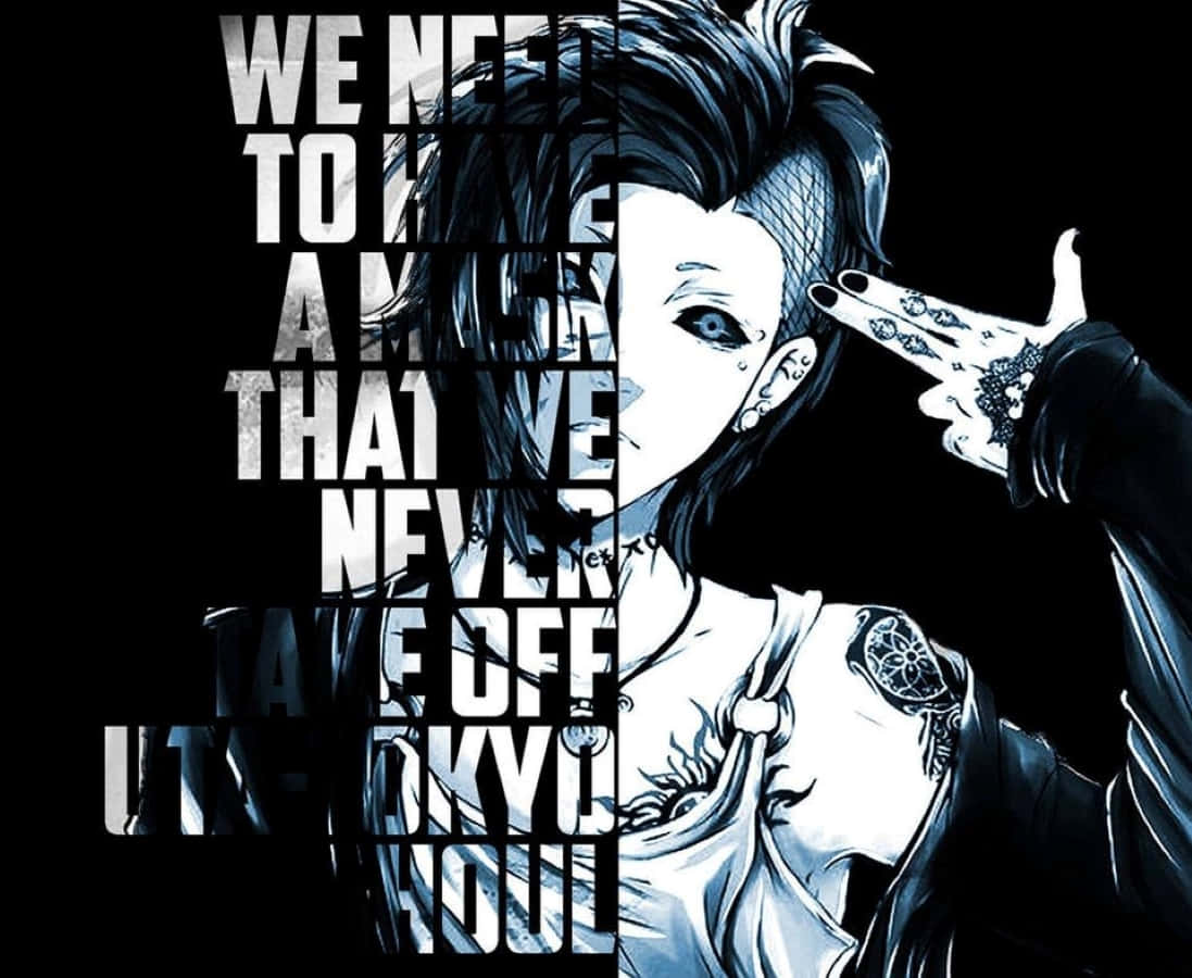 Tokyo Ghoul Uta 桌布 壁紙 — 一個風格化的動漫角色，帶有刺青和和平手勢，背景為黑色並有粗體白色文字。