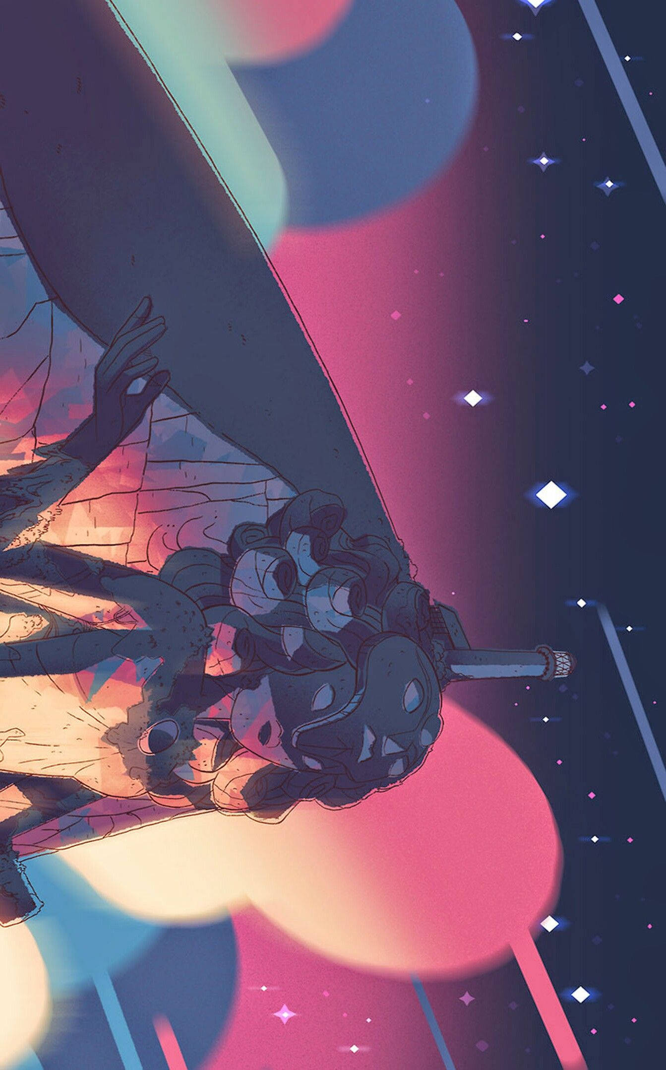 Steven Universe 桌布 壁紙 — 一個風格化的動漫角色，帶有機械翅膀，漂浮在發光球體和閃爍星星之間的宇宙虛空中。