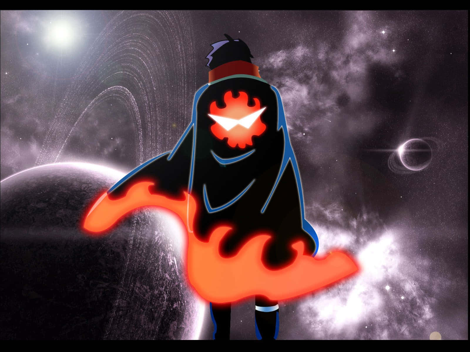 Gurren Lagann 桌布 壁紙 — 一個風格化的動漫角色，帶有發光的橙色火焰和火熱的臉龐，英雄般地站在星星和旋轉星系的宇宙背景下。