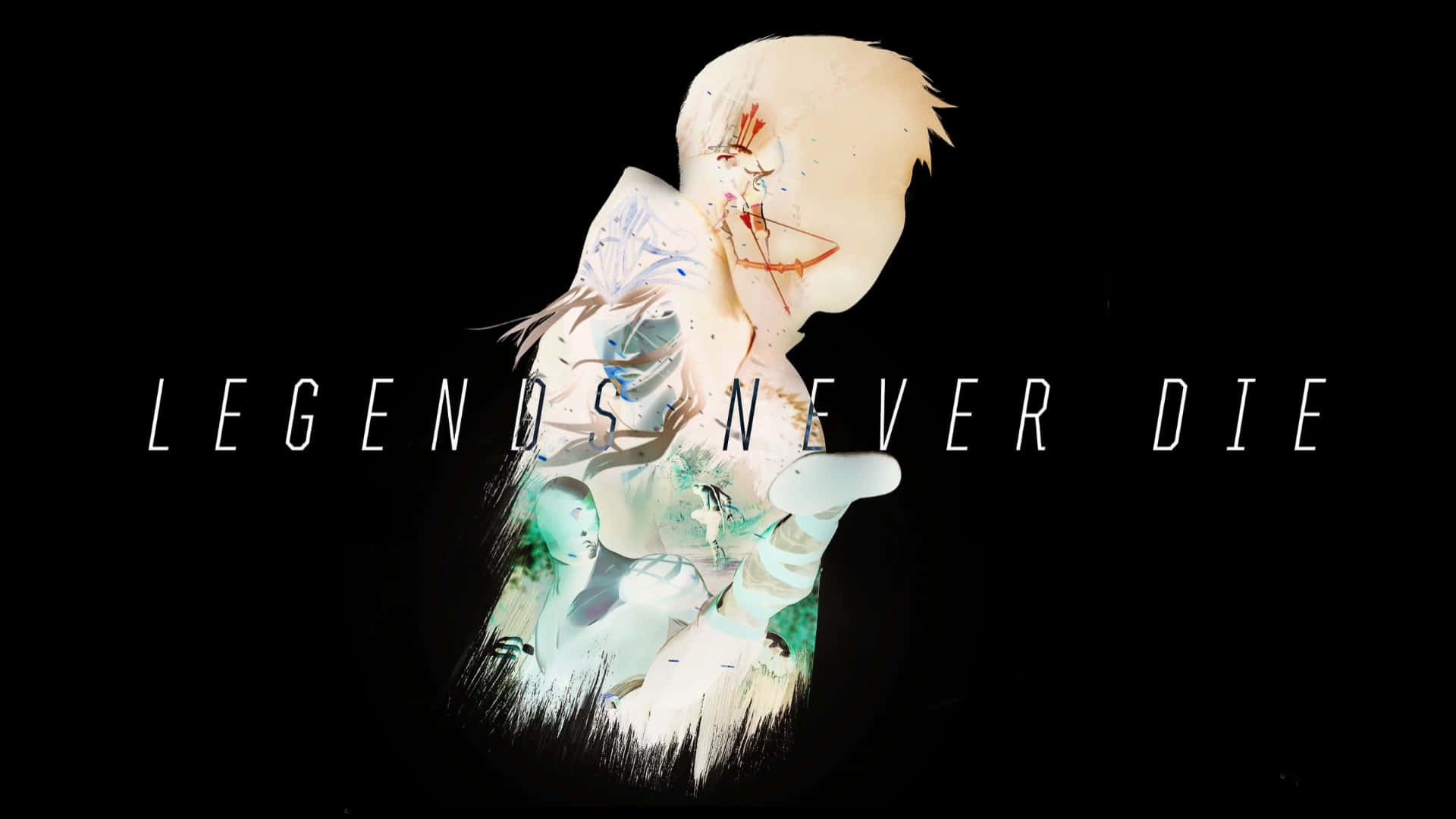 Legends Never Die 桌布 壁紙 — 一個風格化的動漫角色，帶有發光的綠色和白色色調，從黑暗中浮現，並帶有文字 legends never die。