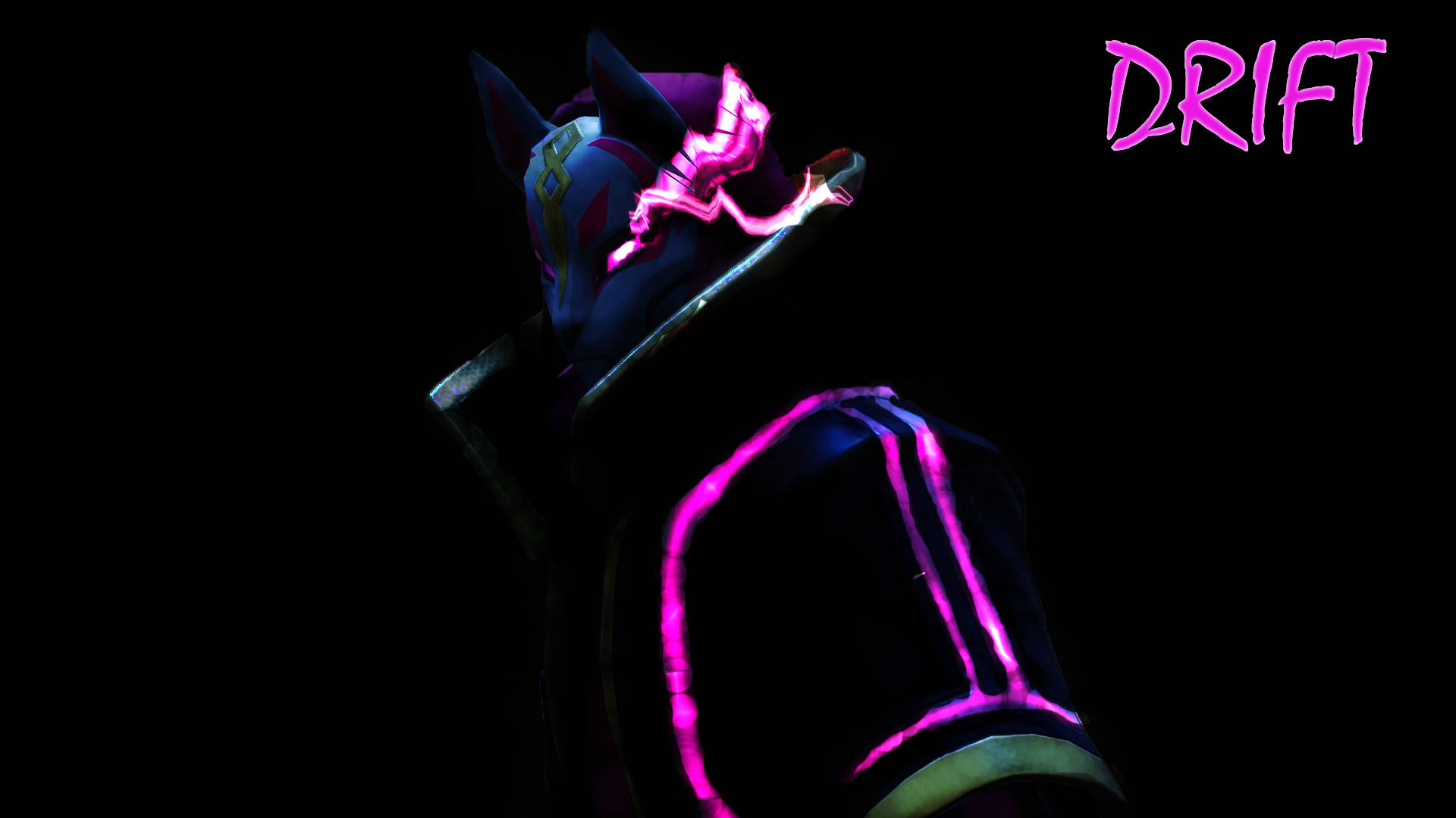 Drift 桌布 壁紙 — 一個風格化的動漫角色，帶有發光的粉紅色點綴和貓耳朵，站在黑暗中，帶有粉紅色文字DRIFT。