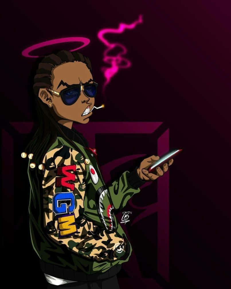 Boondocks 桌布 壁紙 — 一個風格化的動漫角色，帶有粉紅色光環，在深紫色背景前抽煙，同時拿著手機。