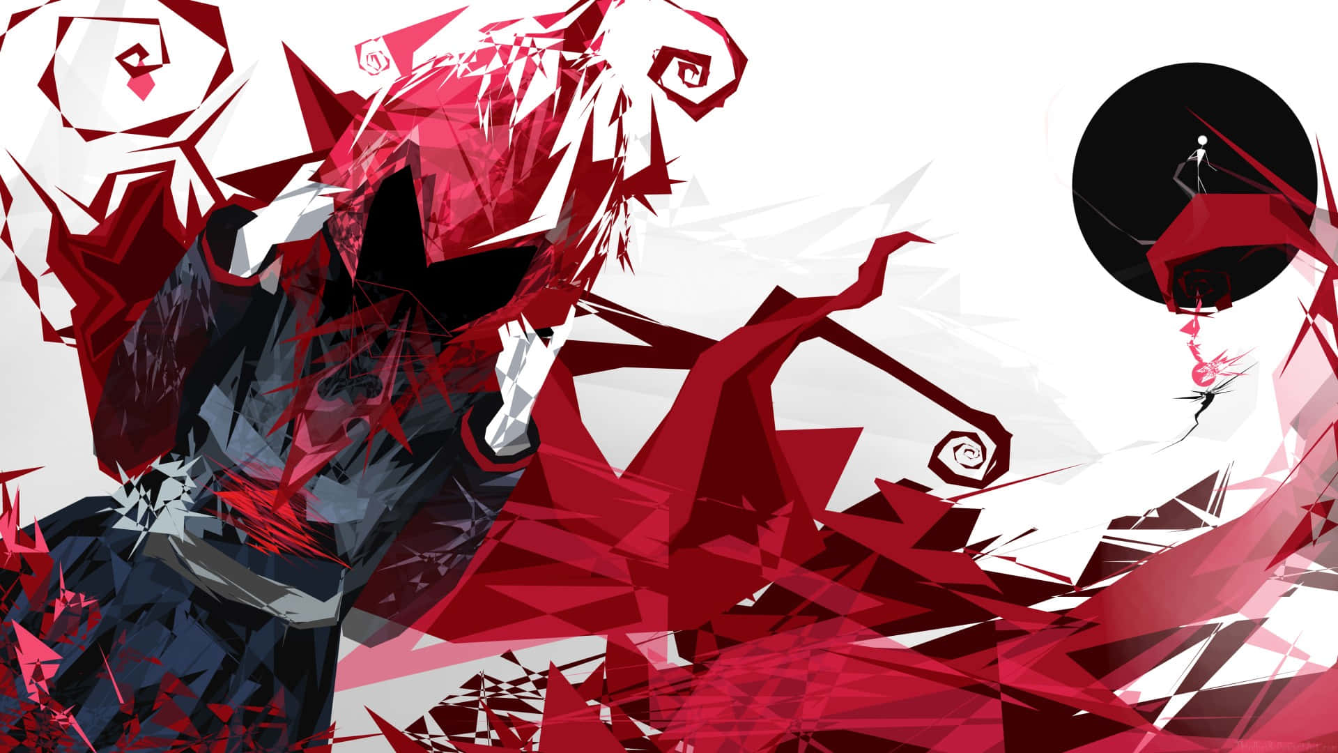 RWBY 桌布 壁紙 — 一個風格化的動漫角色，帶有紅色和白色的幾何碎片，在純白背景上與一個黑暗人物衝突。