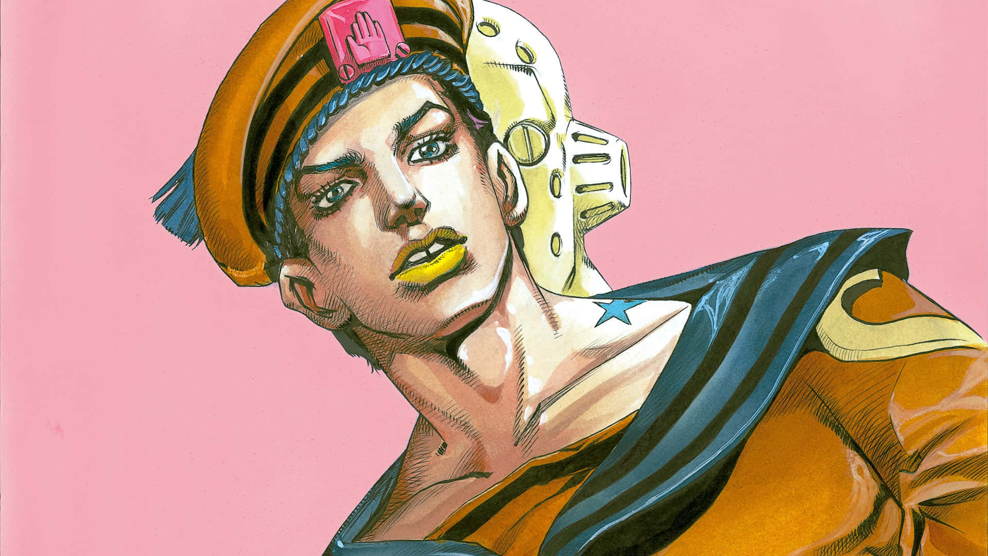 Jojolion 桌布 壁紙 — 一個風格化的動漫角色，帶有黃色星星刺青和金色頭盔，背景是柔和的粉紅色。