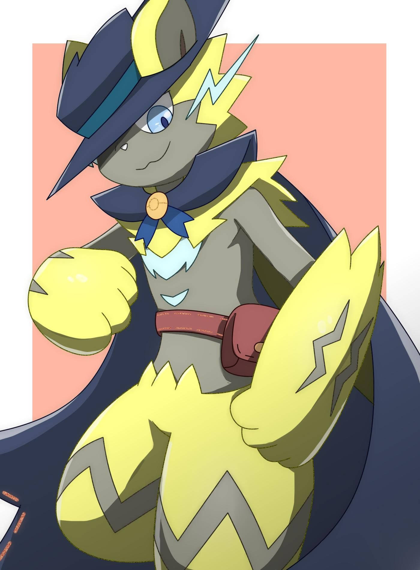 Zeraora 桌布 壁紙 — 一個風格化的動漫角色，帶有黃色閃電圖案和深色帽子，在柔和的粉紅色背景前自信地擺姿勢。