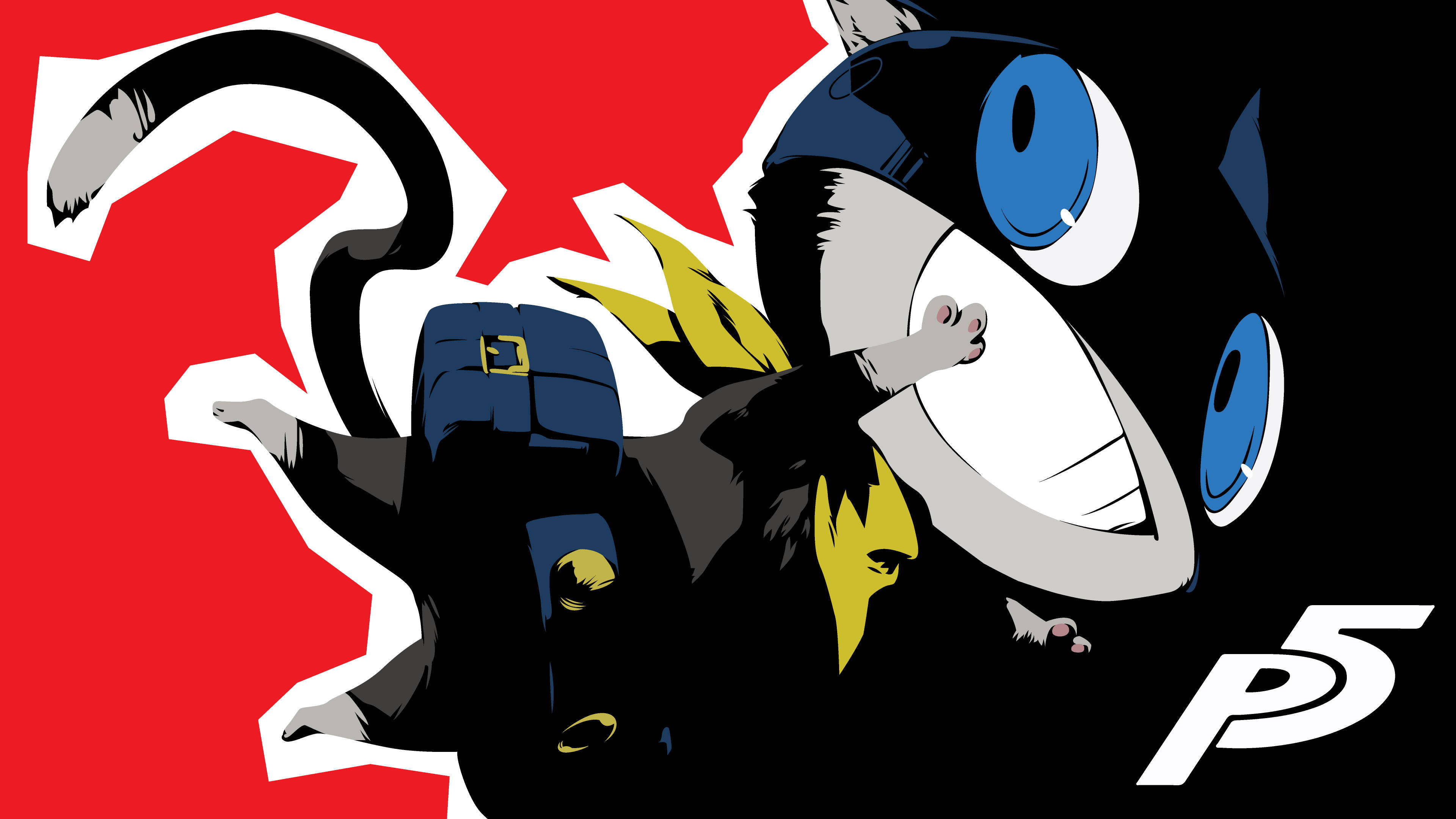 persona 5 4K 桌布 壁紙 — 一個風格化的動漫角色，帶著大大的笑容和黃色頭髮，在帶有白色問號的醒目紅色背景上動態跳躍。