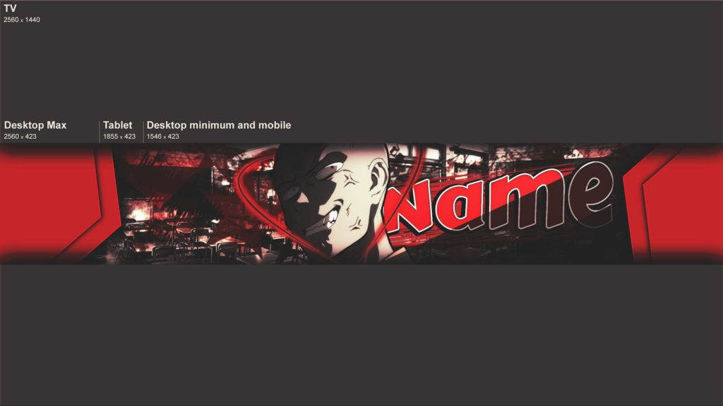 YouTube Banner 桌布 壁紙 — 一個風格化的動漫角色，帶著威脅性的咧嘴笑和紅色發光的眼睛，背景是深色工業風格並帶有鮮明的紅色點綴。