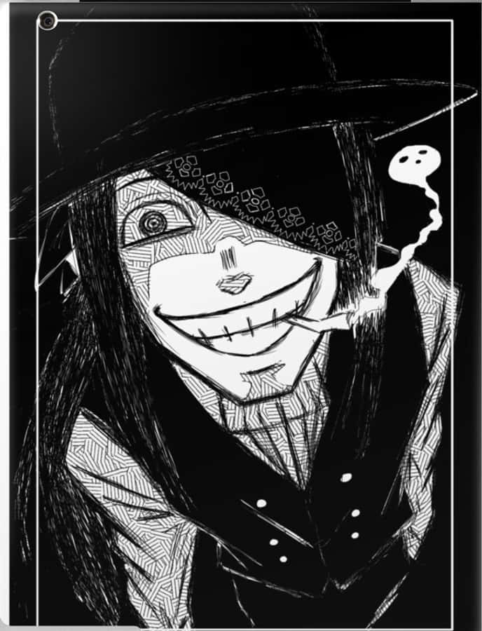 Fire Force Joker 桌布 壁紙 — 一個風格化的動漫角色，帶著燦爛的笑容和帽子，在純黑背景上抽煙。