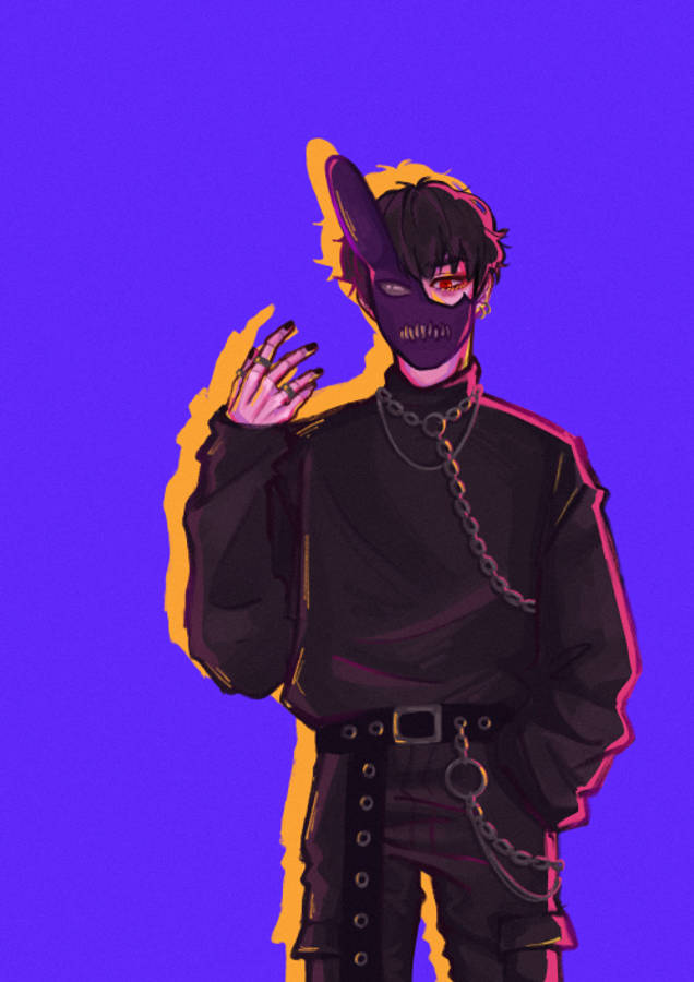 Corpse 桌布 壁紙 — 一個風格化的動漫角色，戴著兔子面具和鎖鏈，在帶有黃色亮點的鮮豔紫色背景前揮手。