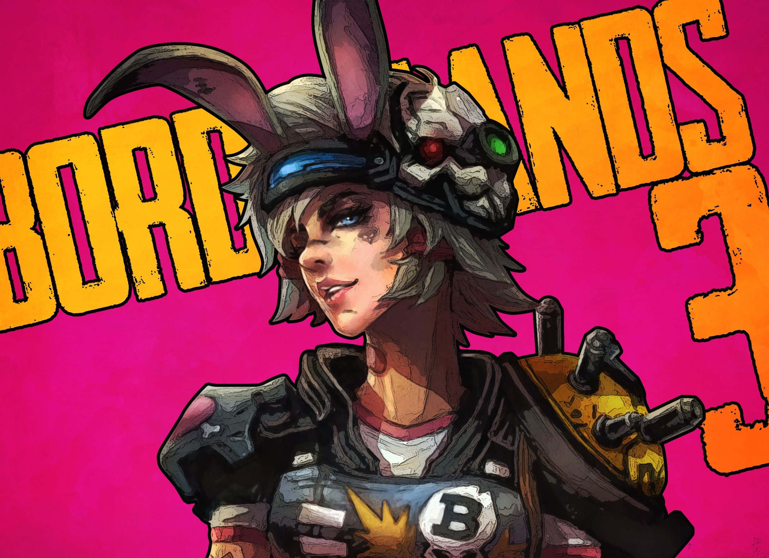 Borderlands 3 桌布 壁紙 — 一個風格化的動漫角色，戴著兔耳和護目鏡，自信地站在充滿活力的粉紅色背景上，配有粗體黃色文字。