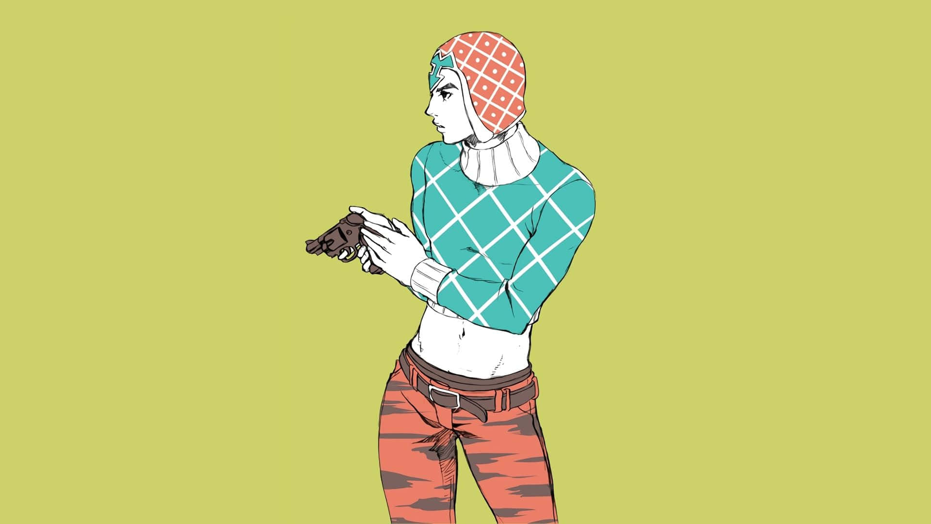 Guido Mista 桌布 壁紙 — 一個風格化的動漫角色，戴著圖案毛帽和穿著圖案毛衣，在純橄欖綠背景前手持手槍。