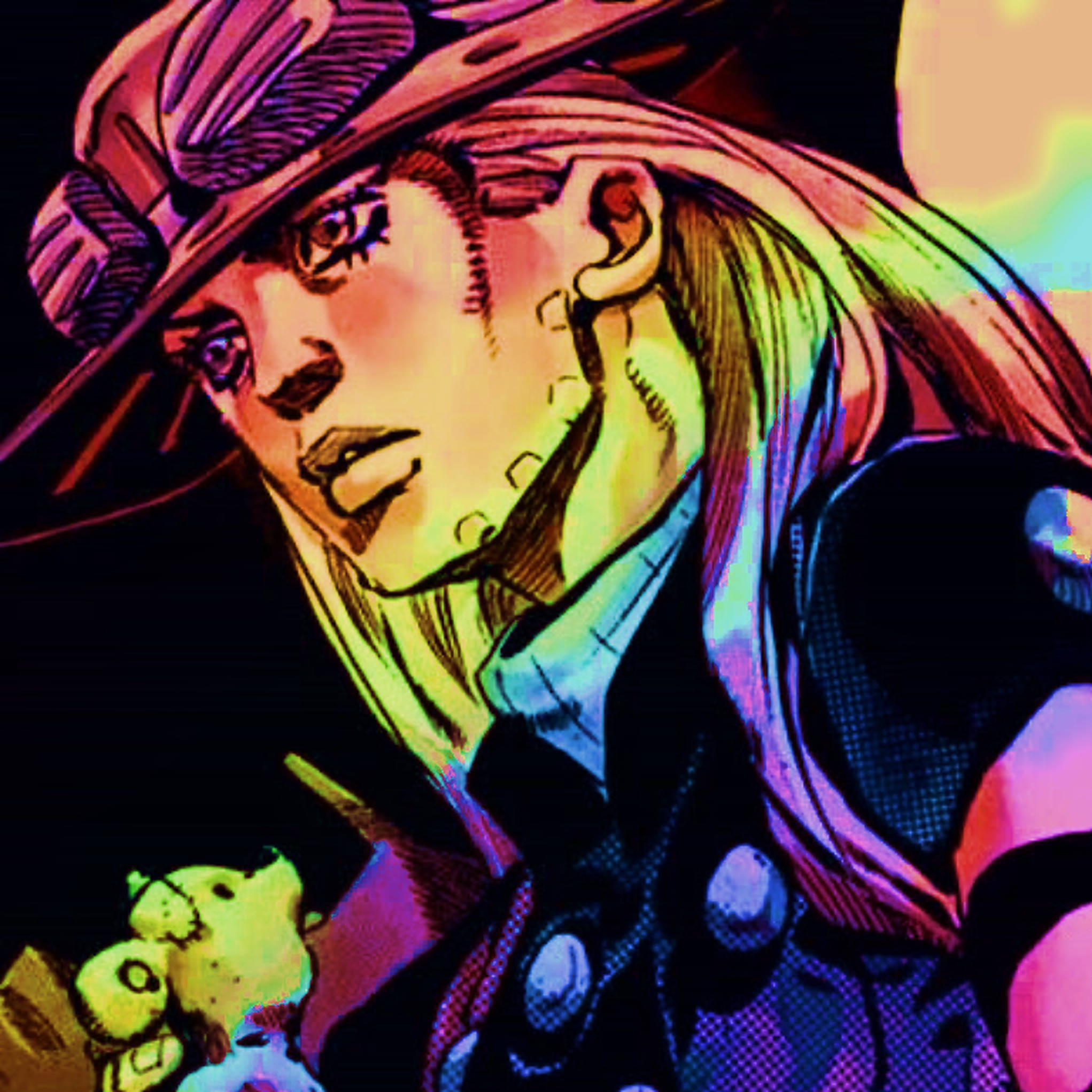 Gyro Zeppeli 桌布 壁紙 — 一個風格化的動漫角色，戴著寬邊帽，在霓虹燈光下眼神銳利。