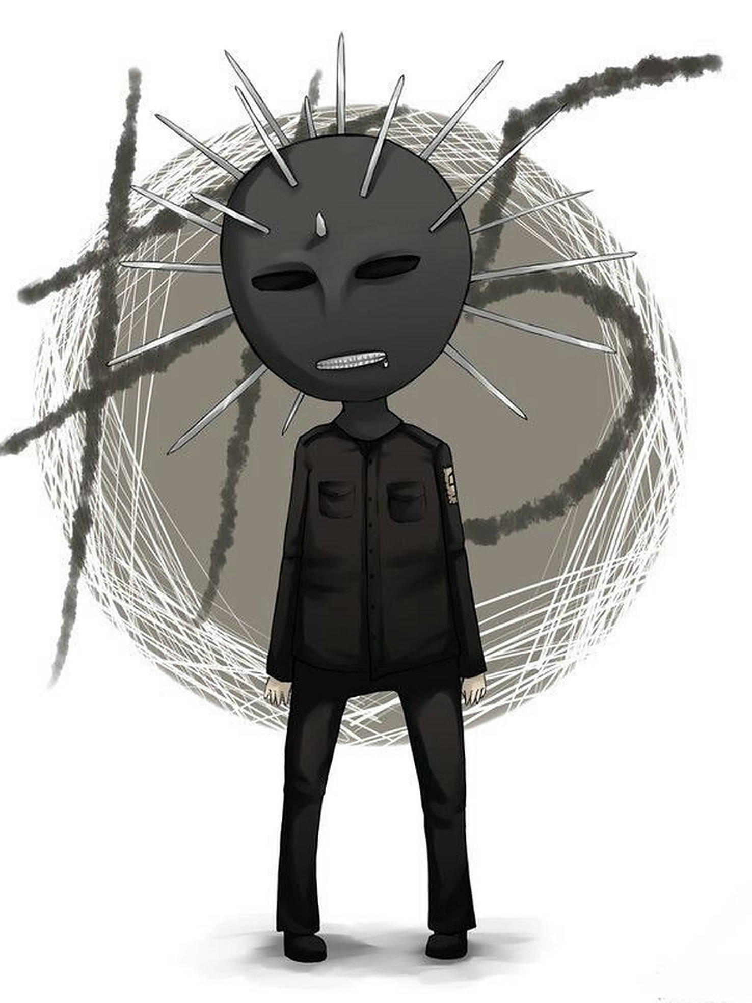 craig jones 桌布 壁紙 — 一個風格化的動漫角色，戴著尖刺黑色面具和深色制服，站在混亂塗鴉的背景前。