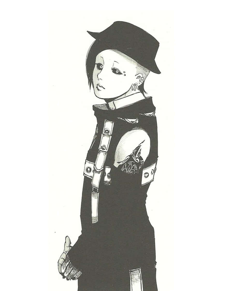 Tokyo Ghoul Uta 桌布 壁紙 — 一個風格化的動漫角色，戴著帽子，手臂上有刺青，站在一幅線條銳利、陰影戲劇性的黑白插圖中。