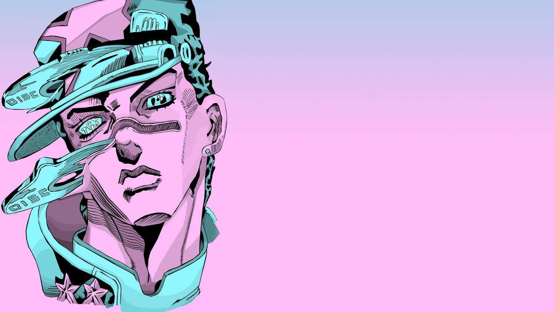 Jojo 桌布 壁紙 — 一個風格化的動漫角色，戴著未來主義的帽子和機械眼，背景是柔和的粉紅色漸變。