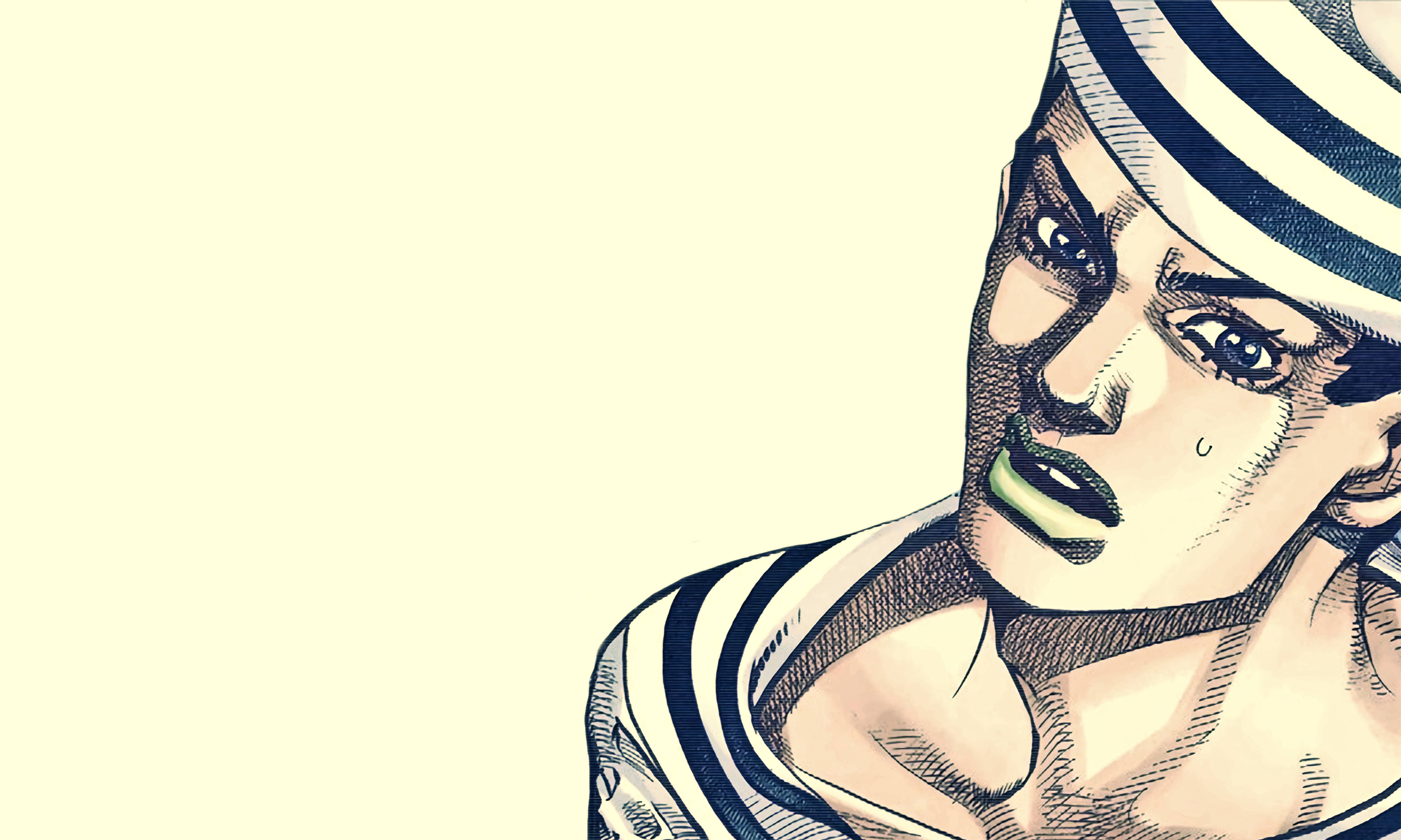 jojo 4K 桌布 壁紙 — 一個風格化的動漫角色，戴著條紋水手帽和穿著條紋襯衫，在淡黃色背景下強烈凝視。