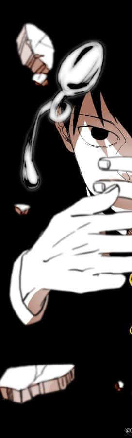 Ritsu Kageyama 桌布 壁紙 — 一個風格化的動漫角色，戴著湯匙形狀的頭飾和戴手套的手，背景為黑色。