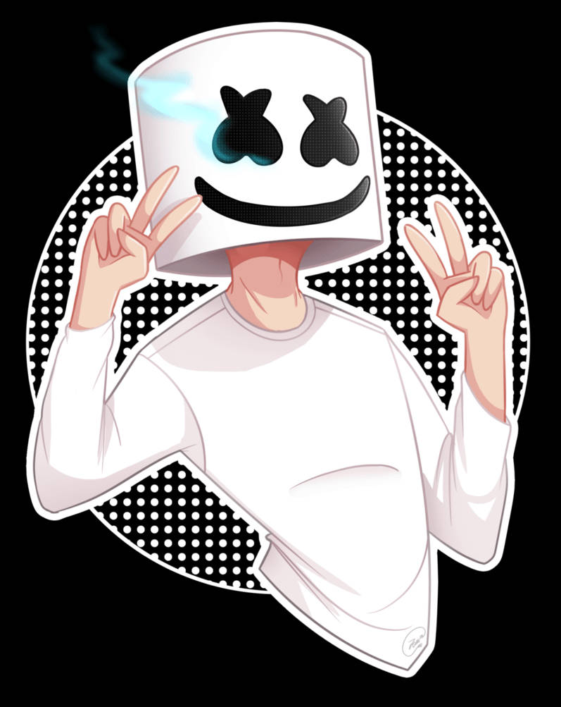 marshmello iPhone 桌布 壁紙 — 一個風格化的動漫角色，戴著白色棉花糖頭盔，眼睛發光，比出和平手勢，背景是黑白圓點。