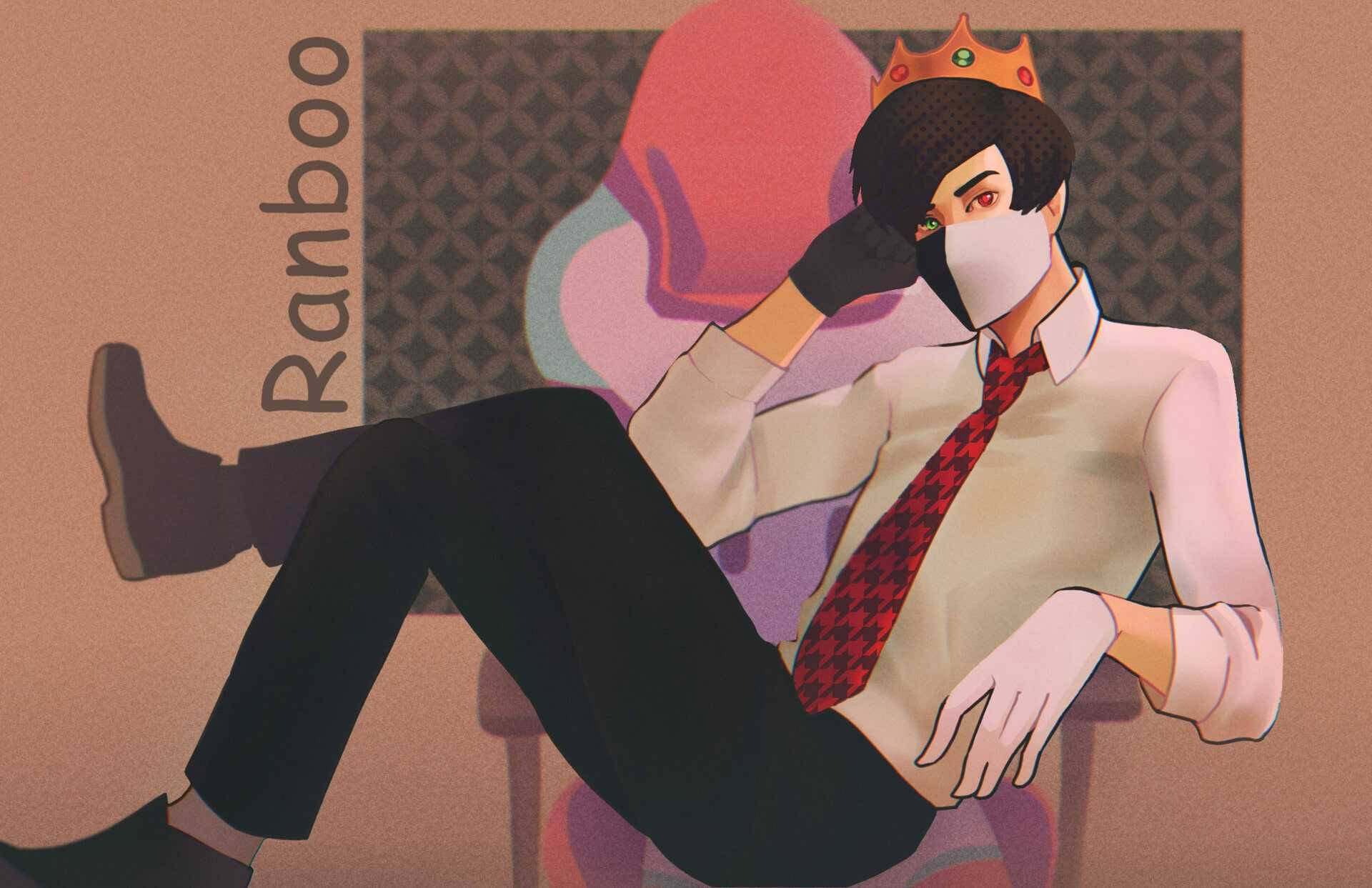 Ranboo 桌布 壁紙 — 一個風格化的動漫角色，戴著皇冠和口罩，隨意地坐在一張色彩繽紛的抽象椅子上。