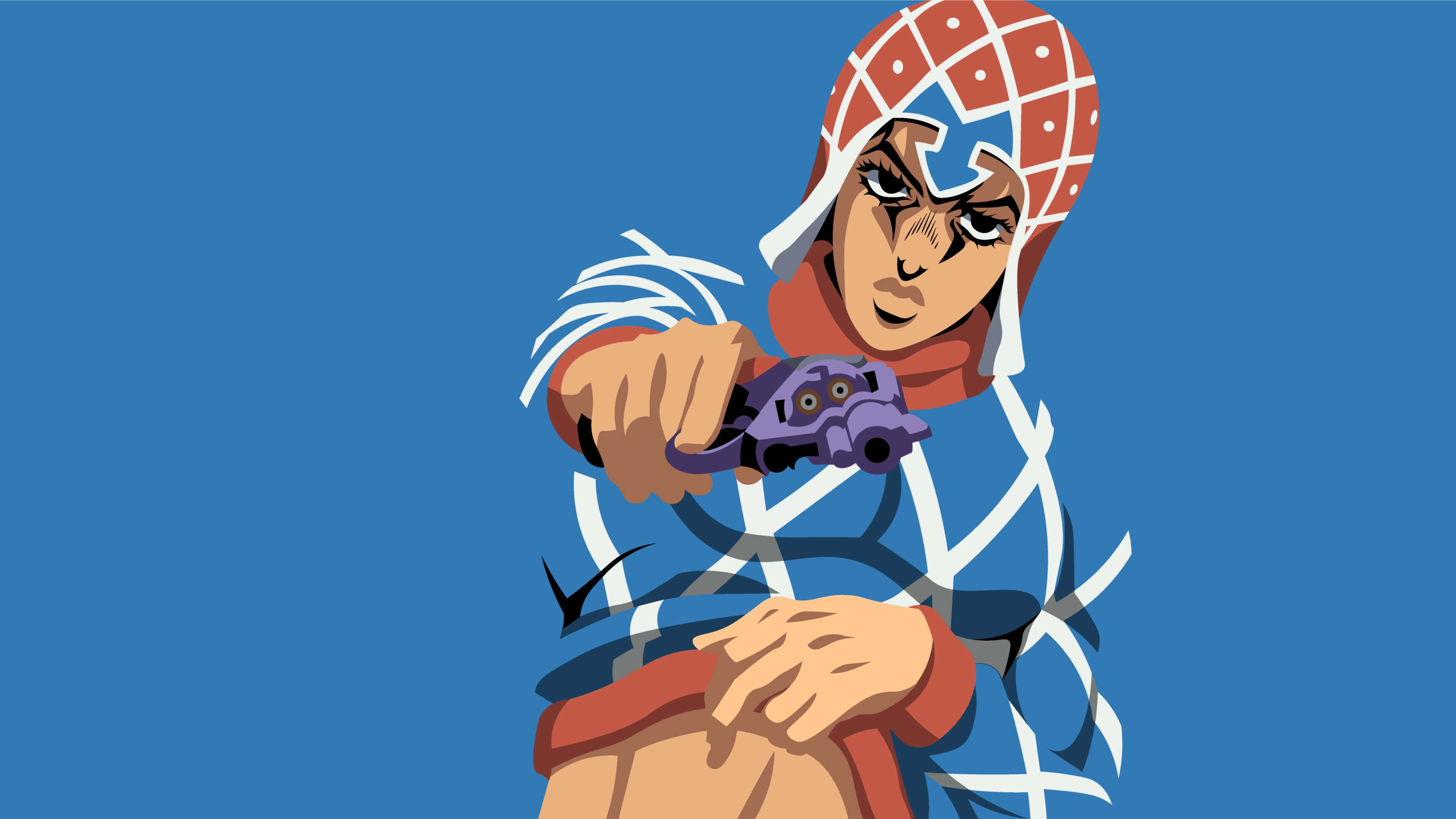 Guido Mista 桌布 壁紙 — 一個風格化的動漫角色，戴著紅白格紋頭盔，對準純藍色背景瞄準一把紫色手槍。