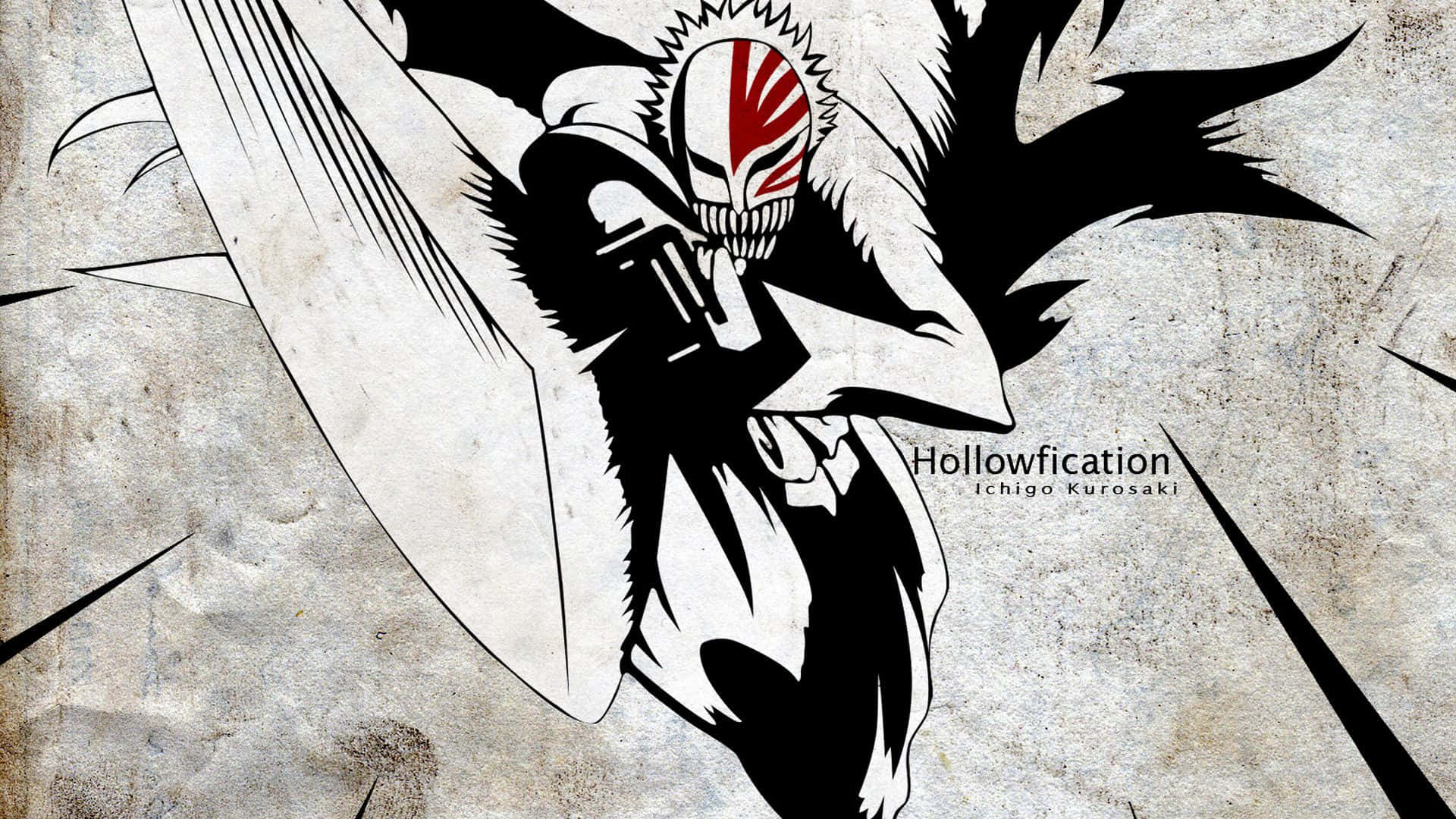 Bleach Anime 桌布 壁紙 — 一個風格化的動漫角色，戴著紅白面具，在紋理灰色背景上揮舞著一把大劍。