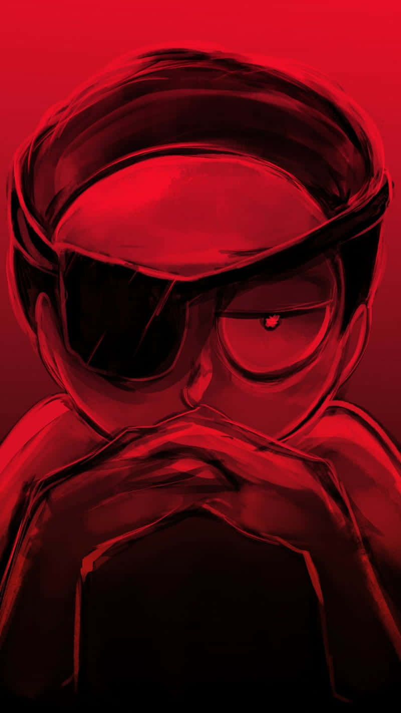 Evil Morty 桌布 壁紙 — 一個風格化的動漫角色，戴著紅色帽子和太陽眼鏡，在單色紅色背景前將手靠近嘴巴。