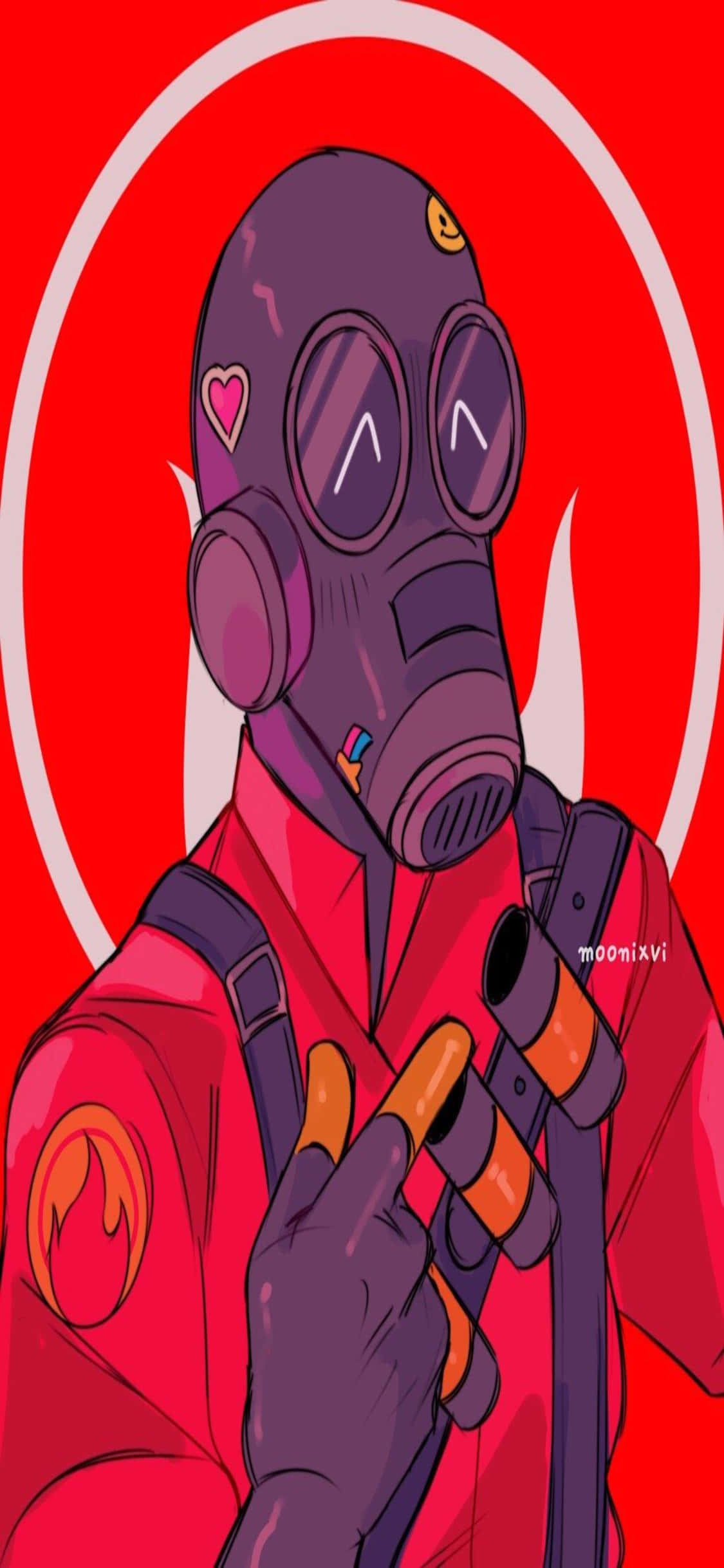 Tf2 桌布 壁紙 — 一個風格化的動漫角色，戴著紫色防毒面具和紅色外套，在帶有白色圓形框架的大膽紅色背景前做出和平手勢。
