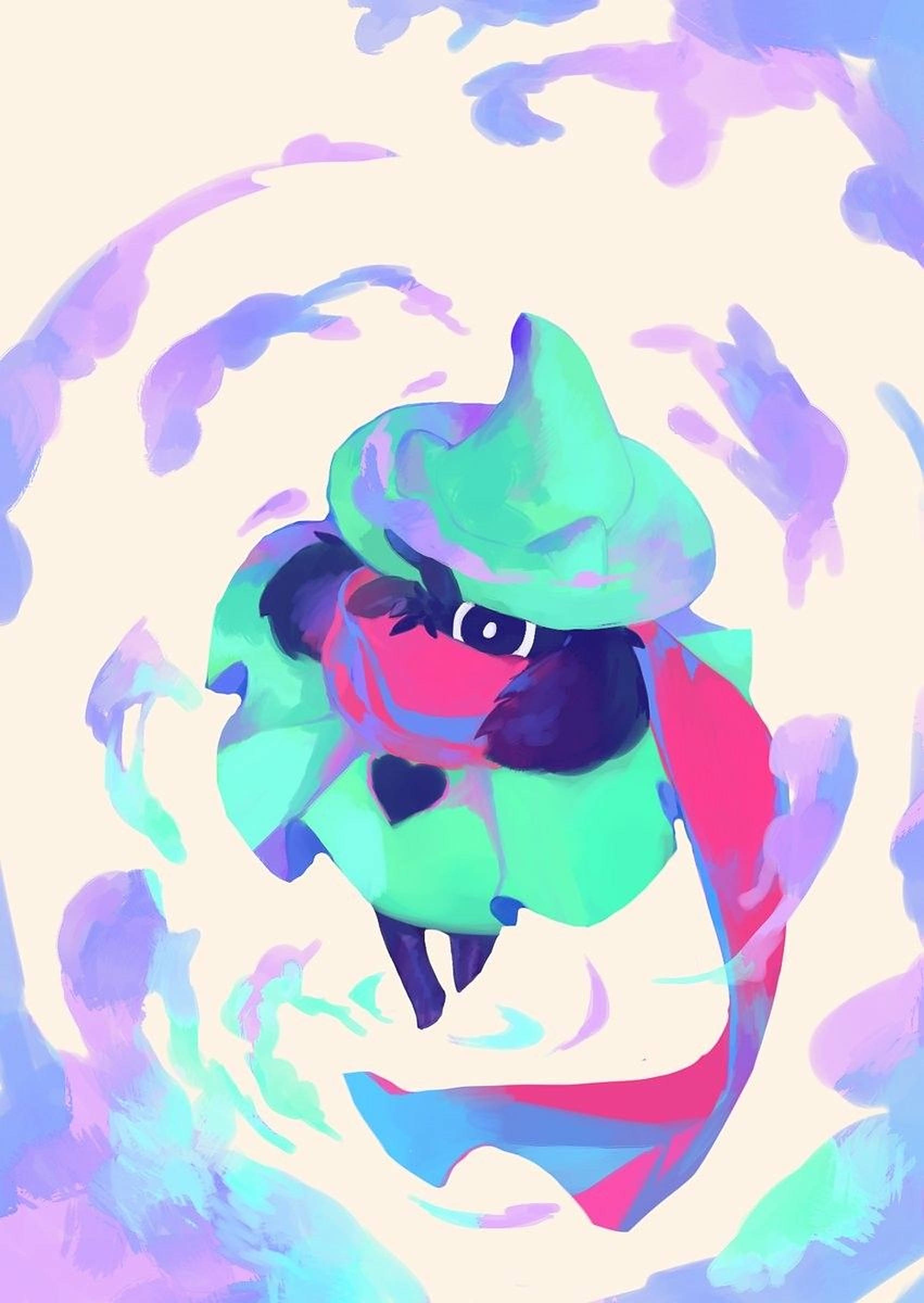 Ralsei 桌布 壁紙 — 一個風格化的動漫角色，戴著綠色帽子和粉紅色圍巾，在充滿活力的紫色和藍色抽象雲中旋轉。