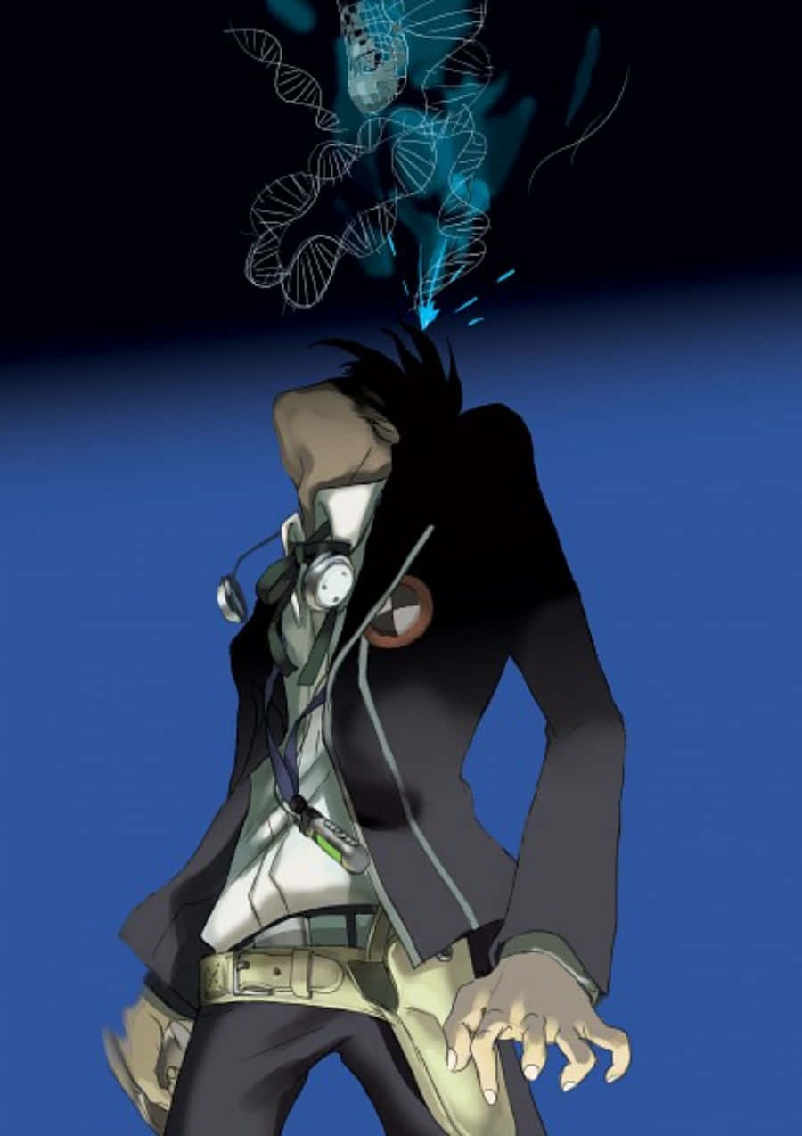 Anime Character 桌布 壁紙 — 一個風格化的動漫角色，戴著耳機，頭頂上方漂浮著發光的藍色DNA鏈，背景是深藍色漸變。