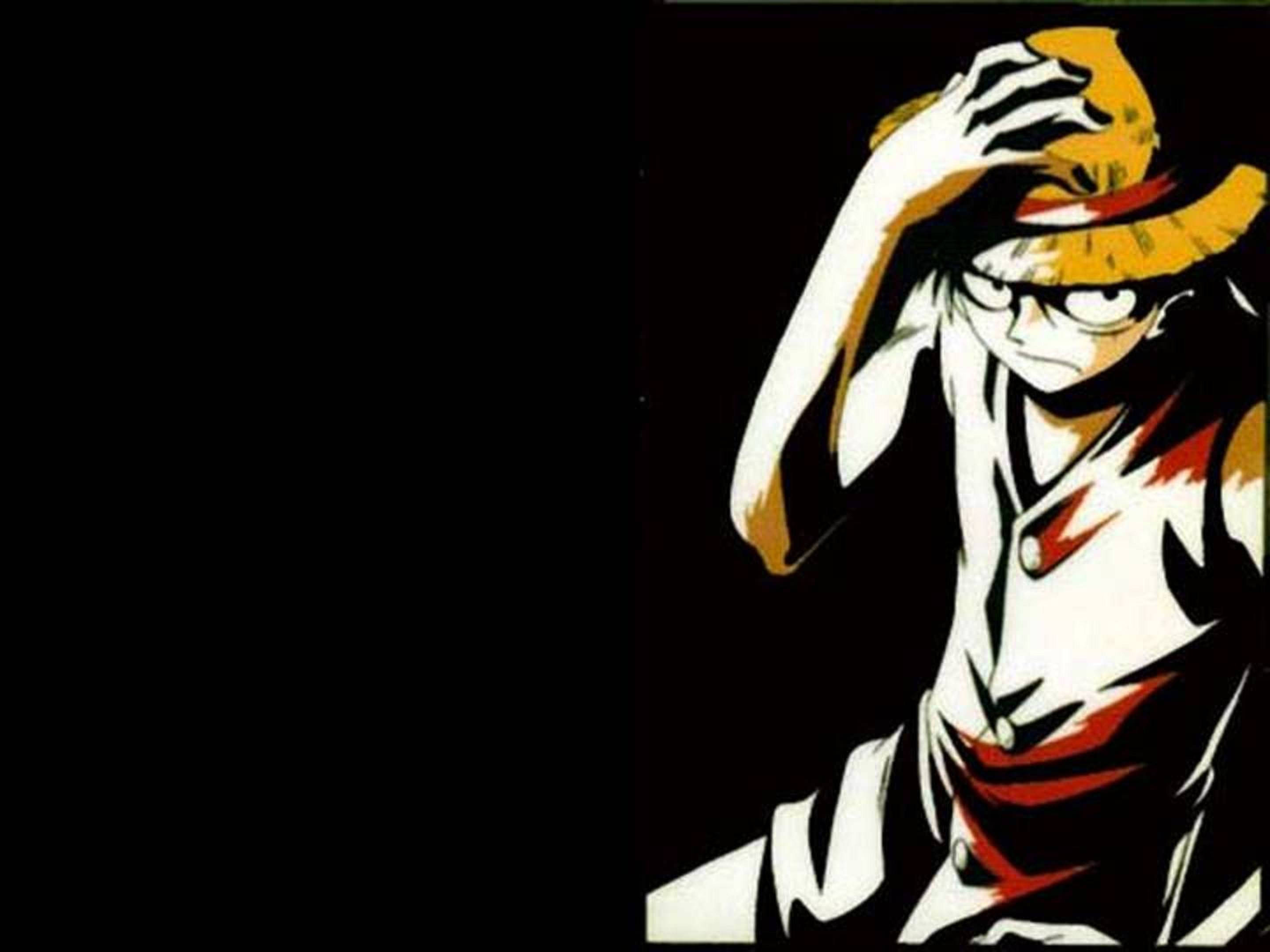 黑色動畫gif 桌布 壁紙 — 一個風格化的動漫角色，戴著草帽和紅色背心，站在黑色背景前，手舉到頭上。