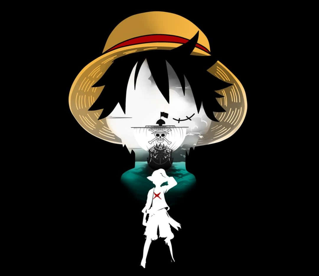 Straw Hat Pirates 桌布 壁紙 — 一個風格化的動漫角色，戴著草帽和海盜船剪影，站在黑色背景前，下方有發光的青綠色水。