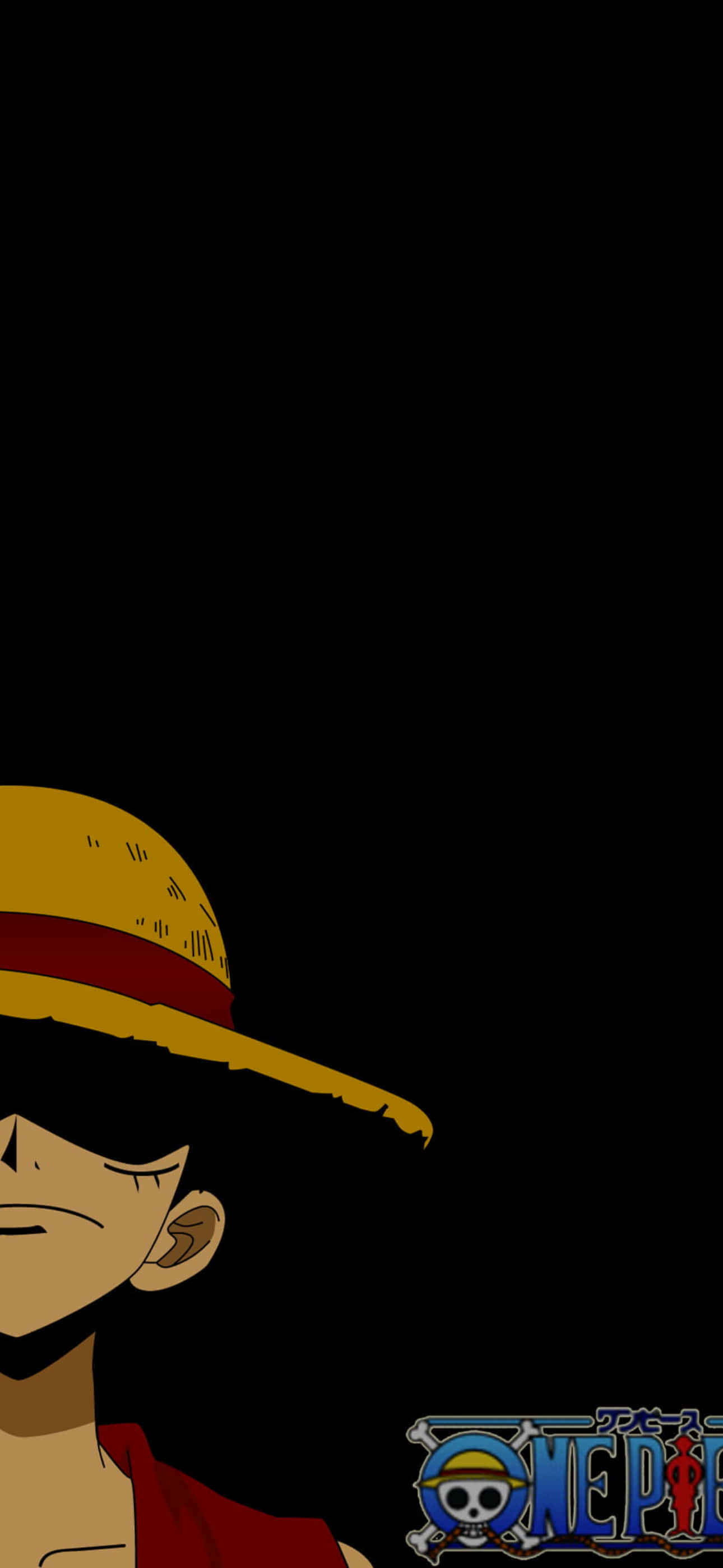 one piece art 桌布 壁紙 — 一個風格化的動漫角色，戴著草帽和紅色背心，在角落有One Piece標誌的純黑色背景上凝視。