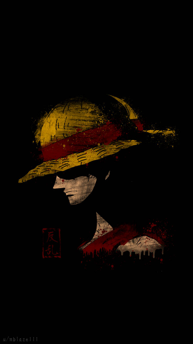 Luffy 桌布 壁紙 — 一個風格化的動漫角色，戴著草帽和紅色帶子，站在黑色背景的陰影中，帶有紅色飛濺。