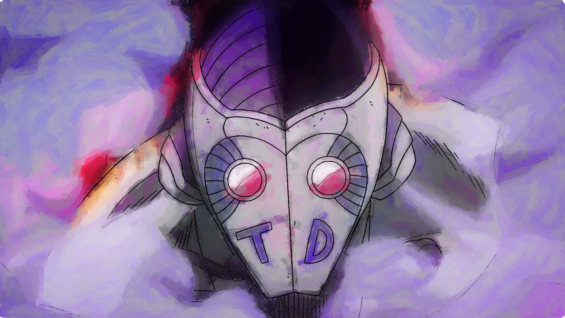 Jojo's Bizarre Adventure Atum 桌布 壁紙 — 一個風格化的動漫角色，戴著金屬面具和發光的粉紅色眼睛，從旋轉的紫色和粉紅色雲層中出現。
