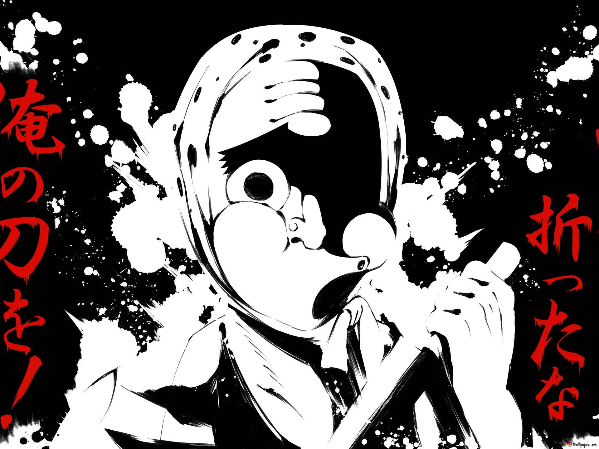 Demon Slayer Black And White 桌布 壁紙 — 一個風格化的動漫角色，戴著頭盔和劍，在黑色背景上戲劇性地大喊，背景上有白色飛濺和紅色日文字。