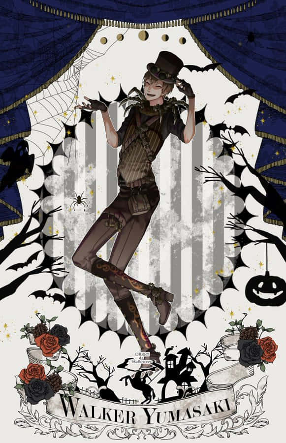 Walker Yumasaki 桌布 壁紙 — 一個風格化的動漫角色，戴著高帽和條紋背心，在深藍色窗簾下與蝙蝠、蜘蛛和萬聖節主題一起跳舞。