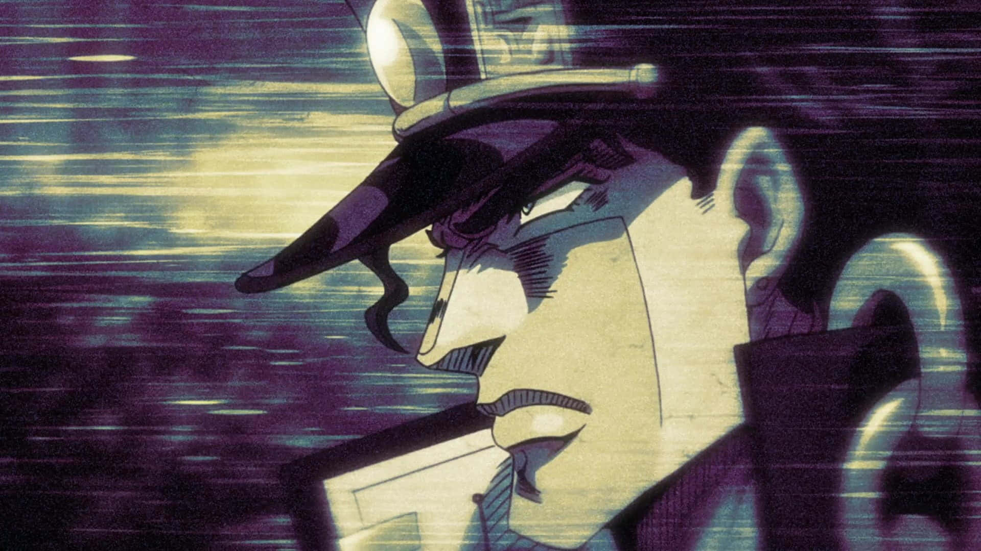 Jotaro Kujo 桌布 壁紙 — 一個風格化的動漫角色，戴著高頂帽和外套，站在帶有紫色和黃色條紋的背景前。