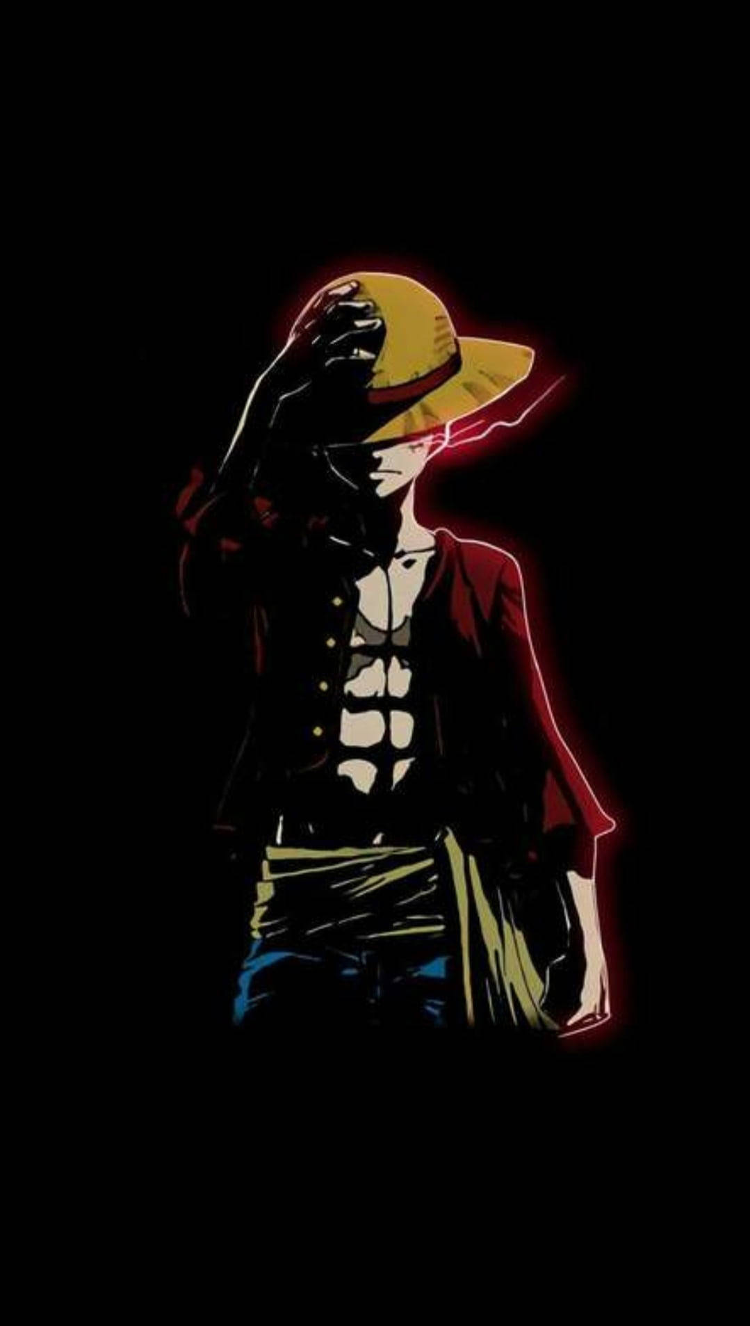 Luffy Aesthetic 桌布 壁紙 — 一個風格化的動漫角色，戴著黃色帽子和紅色外套，站在黑色背景前，帶有發光的霓虹輪廓。