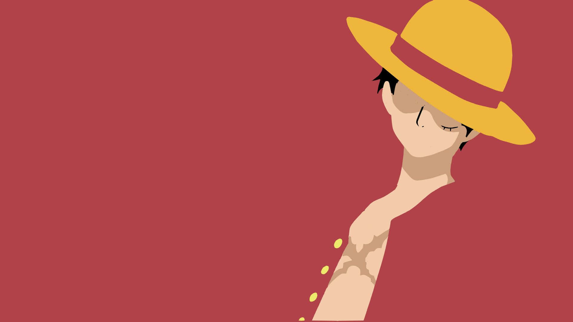 Luffy Aesthetic 桌布 壁紙 — 一個風格化的動漫角色，戴著黃色帽子，閉著眼睛，背景為純紅色。