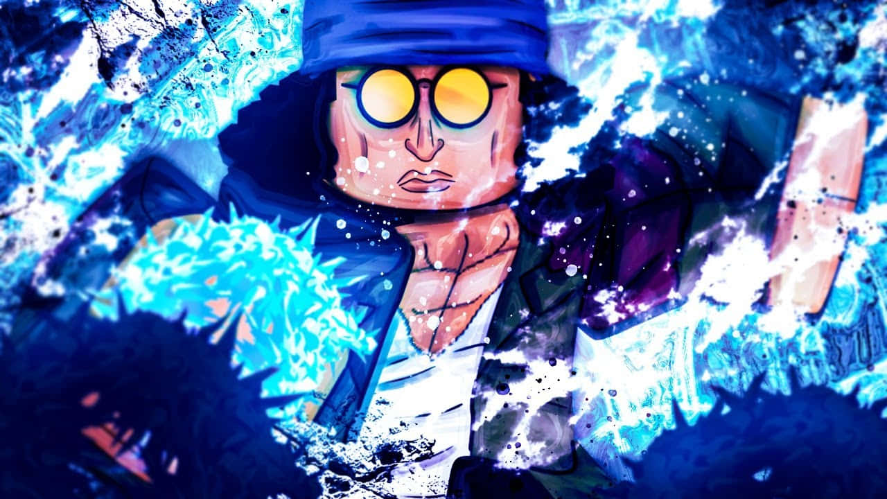 Aokiji 桌布 壁紙 — 一個風格化的動漫角色，戴著黃色護目鏡和藍色帽子，從動態的藍白能量爆炸中出現。