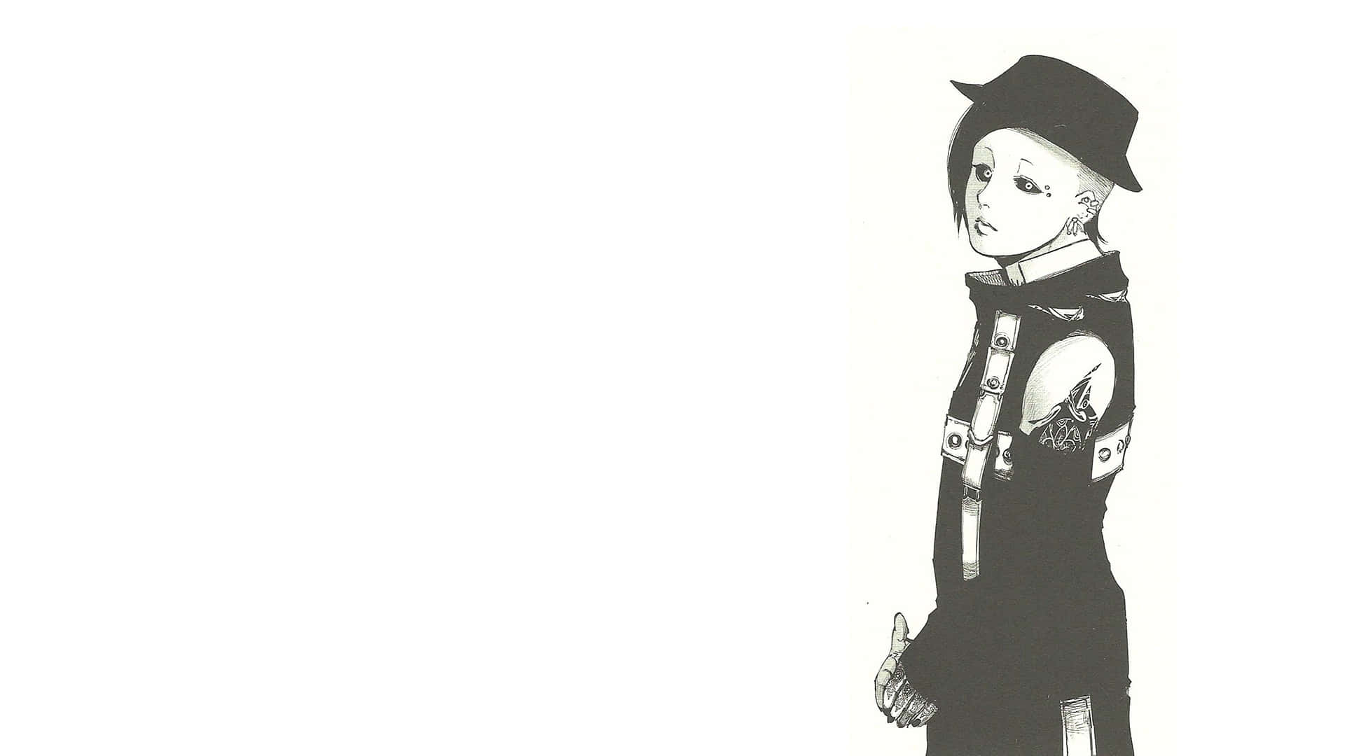 Tokyo Ghoul Uta 桌布 壁紙 — 一個風格化的動漫角色，戴著黑色帽子和穿著黑色服裝，側面站立在純白色背景前。