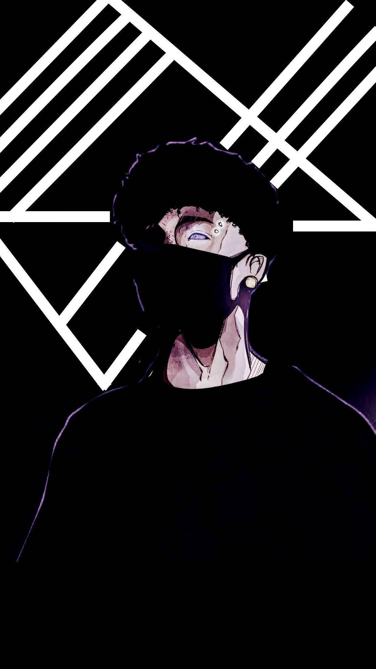 Scarlxrd 桌布 壁紙 — 一個風格化的動漫角色，戴著黑色面具和紫色亮點，在帶有醒目白色幾何線條的純黑背景上向上凝視。