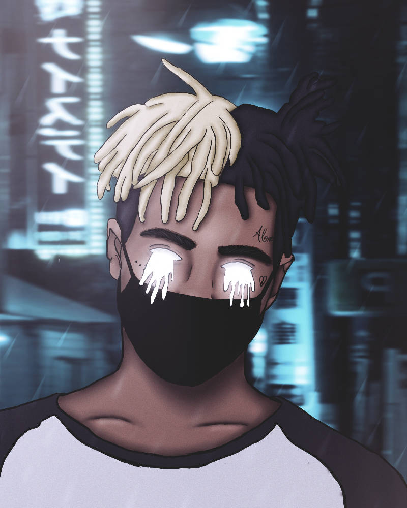 酷酷的xxxtentacion 桌布 壁紙 — 一個風格化的動漫角色，擁有一半金髮一半黑髮，臉上流下發光的白色淚水，戴著黑色口罩，背景是下雨的霓虹城市。