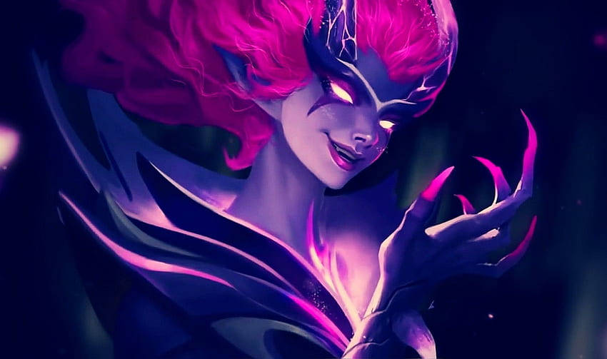 電玩遊戲 桌布 壁紙 — 一個風格化的動漫角色，擁有充滿活力的粉紅色頭髮和發光的眼睛，在黑暗背景下伸出帶爪的手。
