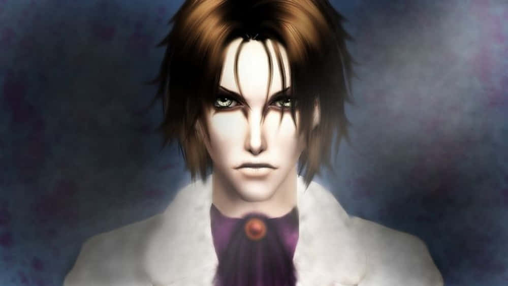 Bleach Muramasa 桌布 壁紙 — 一個風格化的動漫角色，擁有刺狀棕色頭髮和強烈的綠色眼睛，穿著白色外套，內搭紫色領帶，背景是陰暗的氛圍。