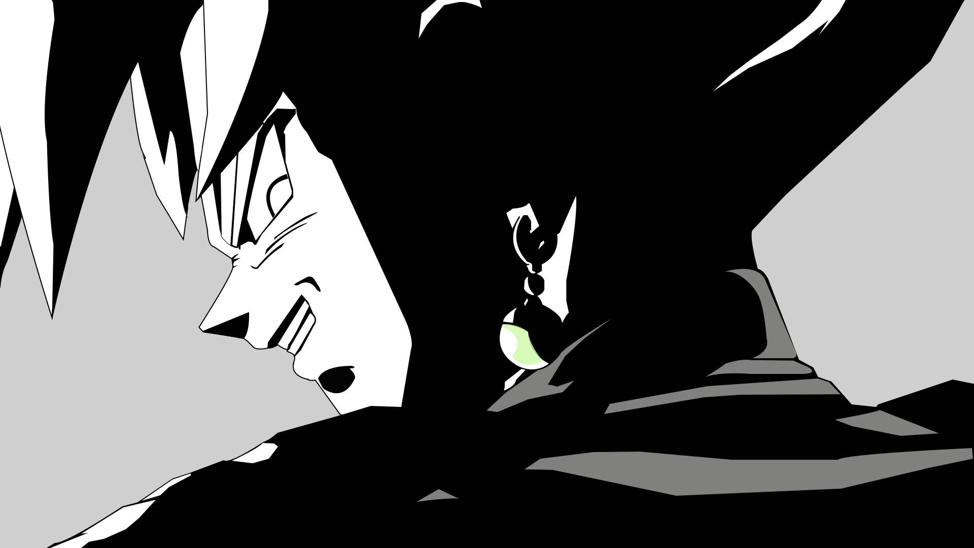 Goku Black And White 桌布 壁紙 — 一個風格化的動漫角色，擁有刺蝟般的黑色頭髮和發光的綠色眼睛，從陰影岩石中專注地窺視。
