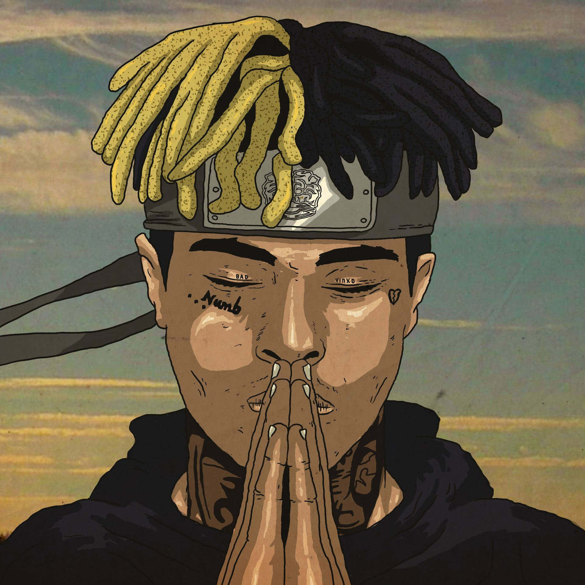 XXXTENTACION 桌布 壁紙 — 一個風格化的動漫角色，擁有半黃半黑的辮子，戴著金屬頭帶，在陰雲密布的天空下合十祈禱。