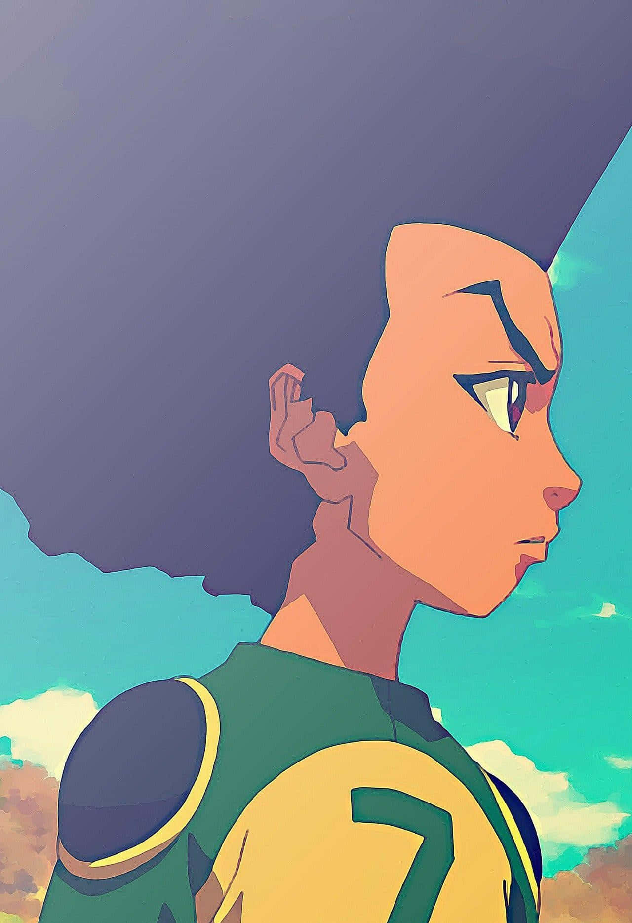 Boondocks 桌布 壁紙 — 一個風格化的動漫角色，擁有大型爆炸頭和堅定的表情，穿著綠色和黃色的球衣，背景是充滿活力的天空。